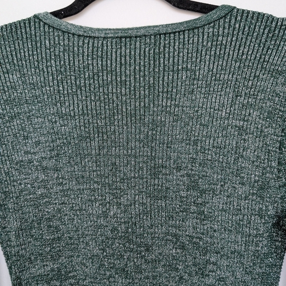 Metallic Green Silver Twist Front V Neck Rib Knit Long Sleeve Stretch Blouse - Picture 11 of 15